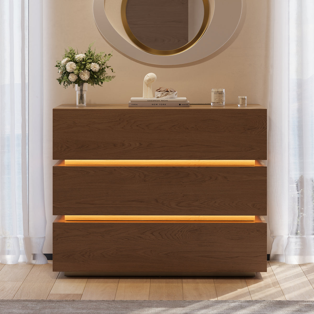 Lumio 39" Walnut 3-Drawer Dresser with Light and Charging Station