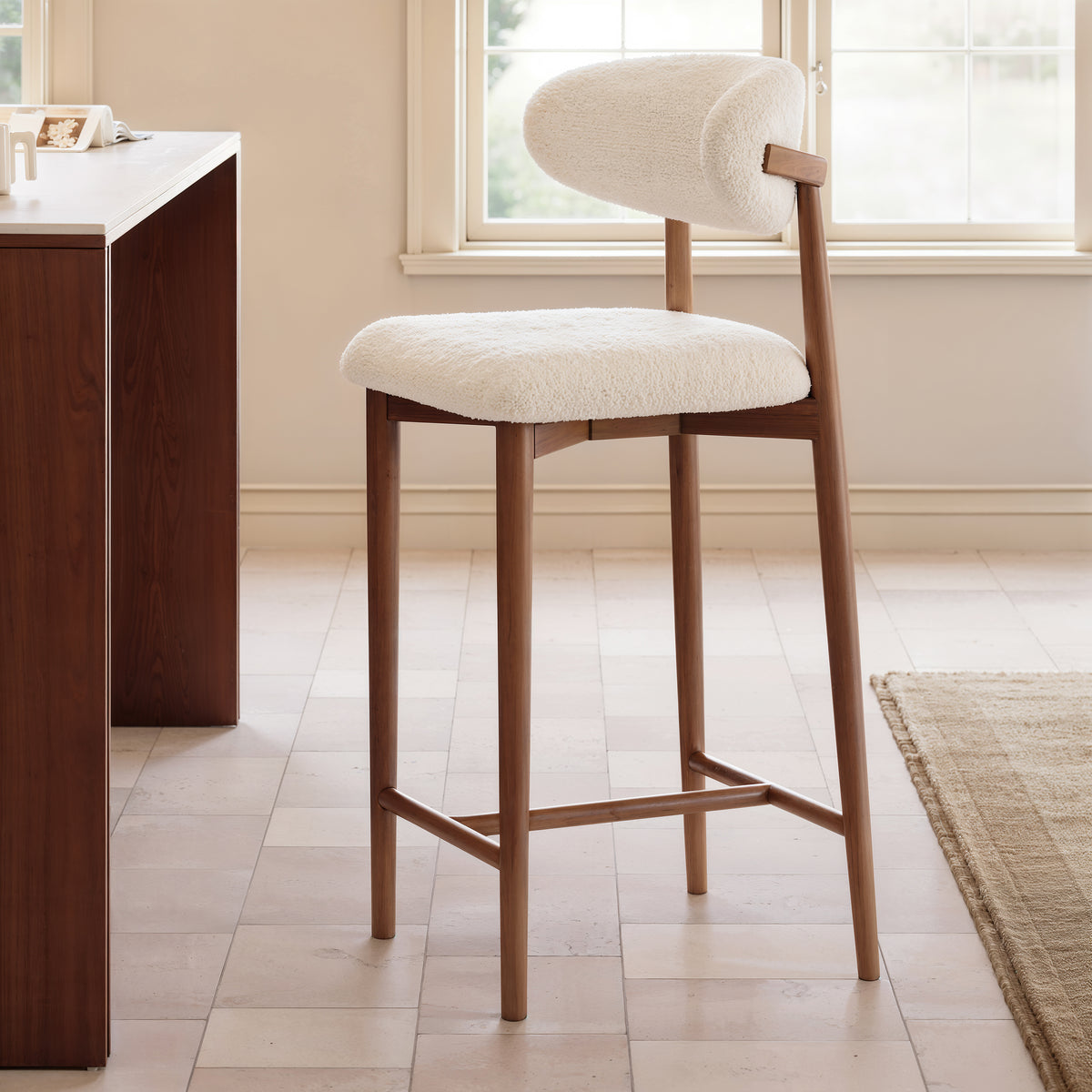 Modern Boucle Walnut Bar Stool, 1 Piece