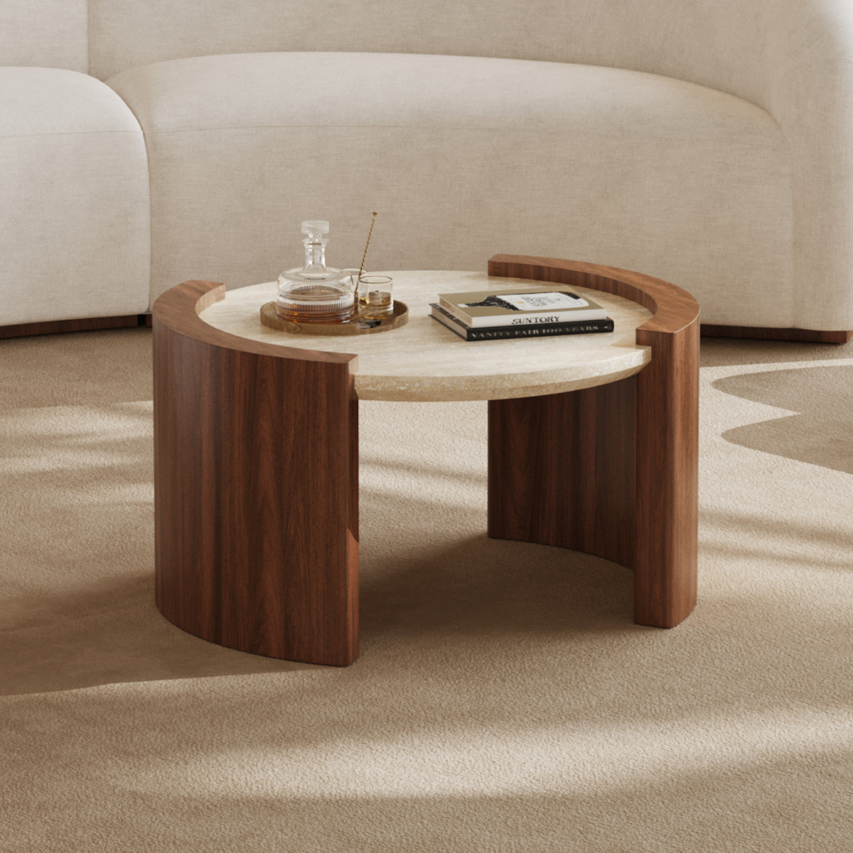 28" Walnut Round Coffee Table with Travertine Top