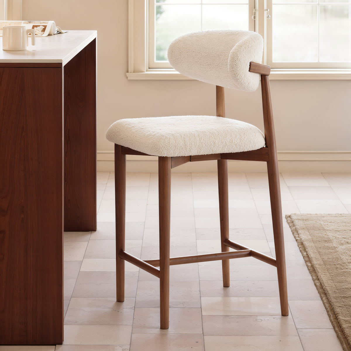 Modern Walnut Boucle Counter Stool with Wooden Legs, 1 Piece