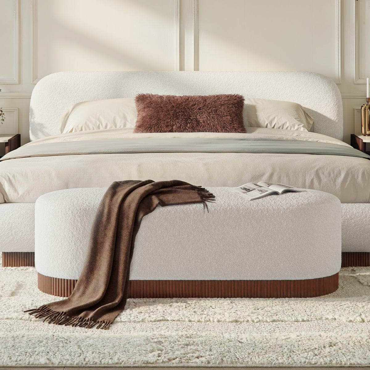 Rivo 59"W Boucle Upholstered Bedroom Bench with Fluted Base