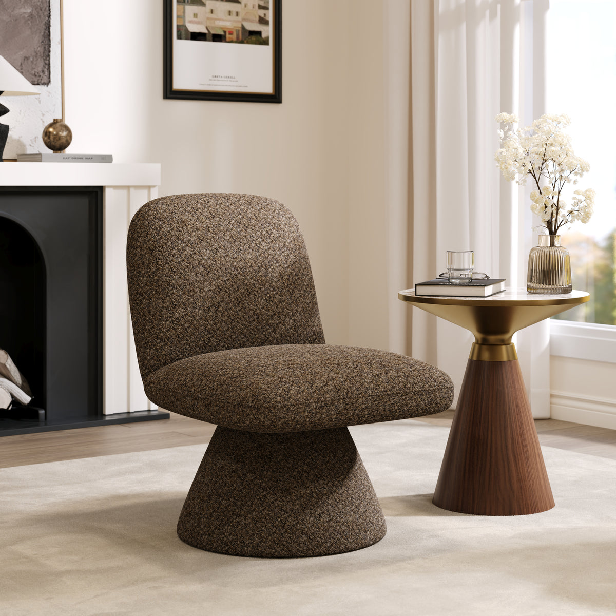 18" Modern Tan Brown Boucle Swivel Accent Chair Sculptural L-Shaped Slipper Lounge Chair
