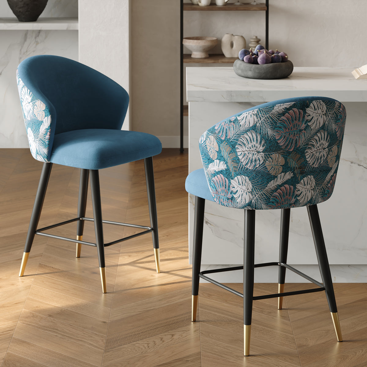 Modern Blue Velvet Counter Stool with Upholstered, 1 Piece