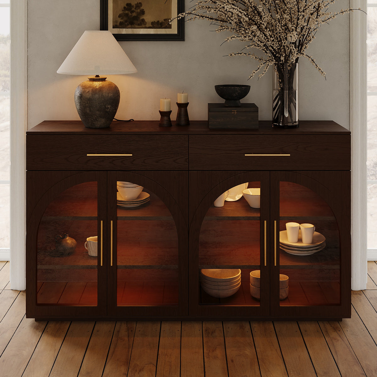63" Arune Modern Sideboard Wooden Buffet with Storage & Light