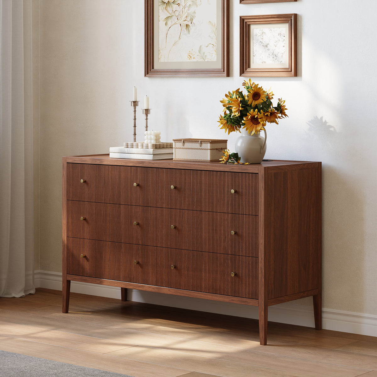 Stria 47" Fluted Natural 6-Drawer Dresser with Charging Station
