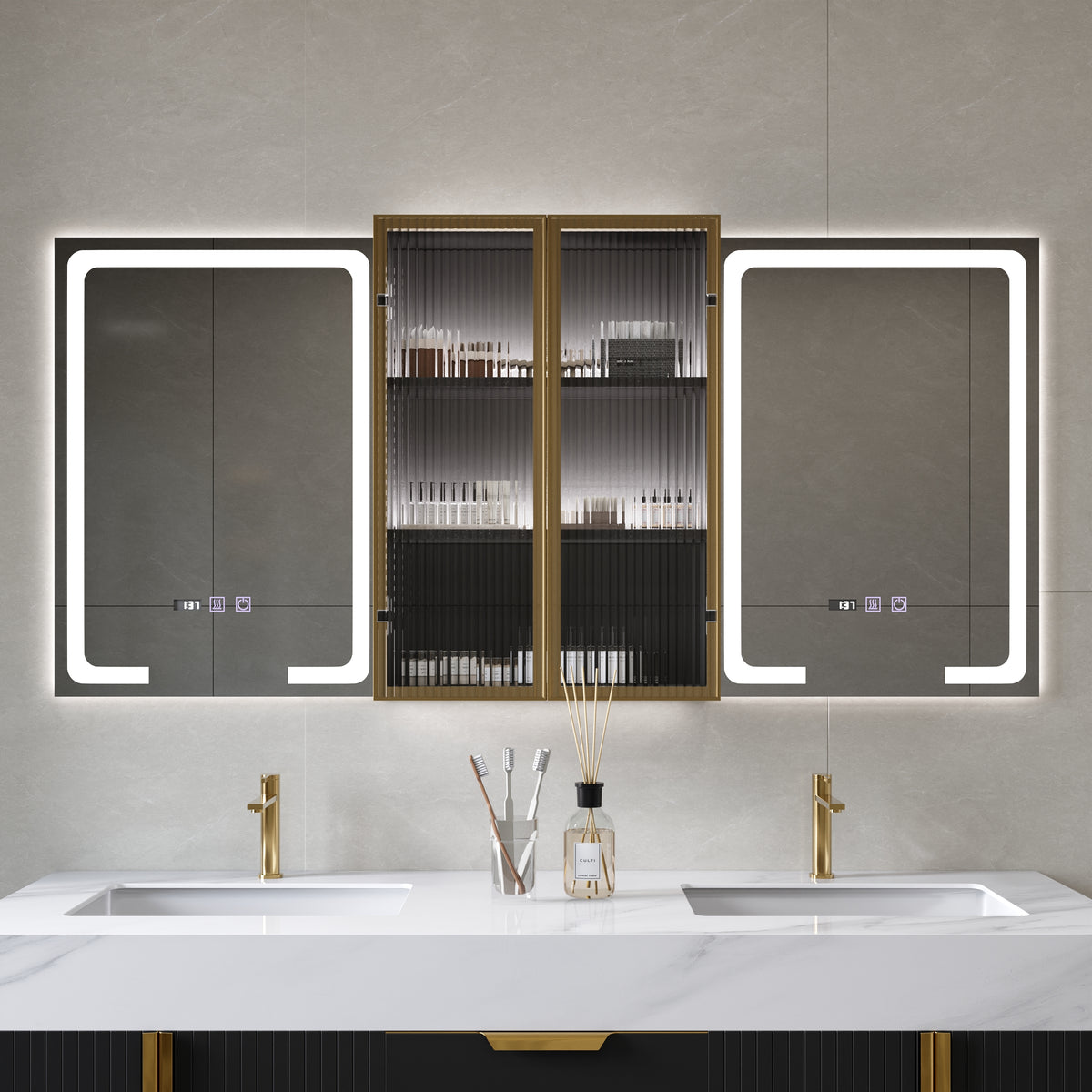 59" Black LED Medicine Cabinet with Center Storage, 3-Color Dimmable & Defogger