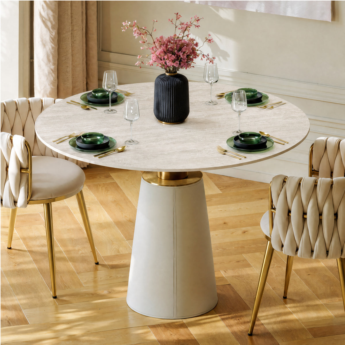 39" Faux Travertine Round Dining Table with Saddle Leather Base Seats 2-4 People