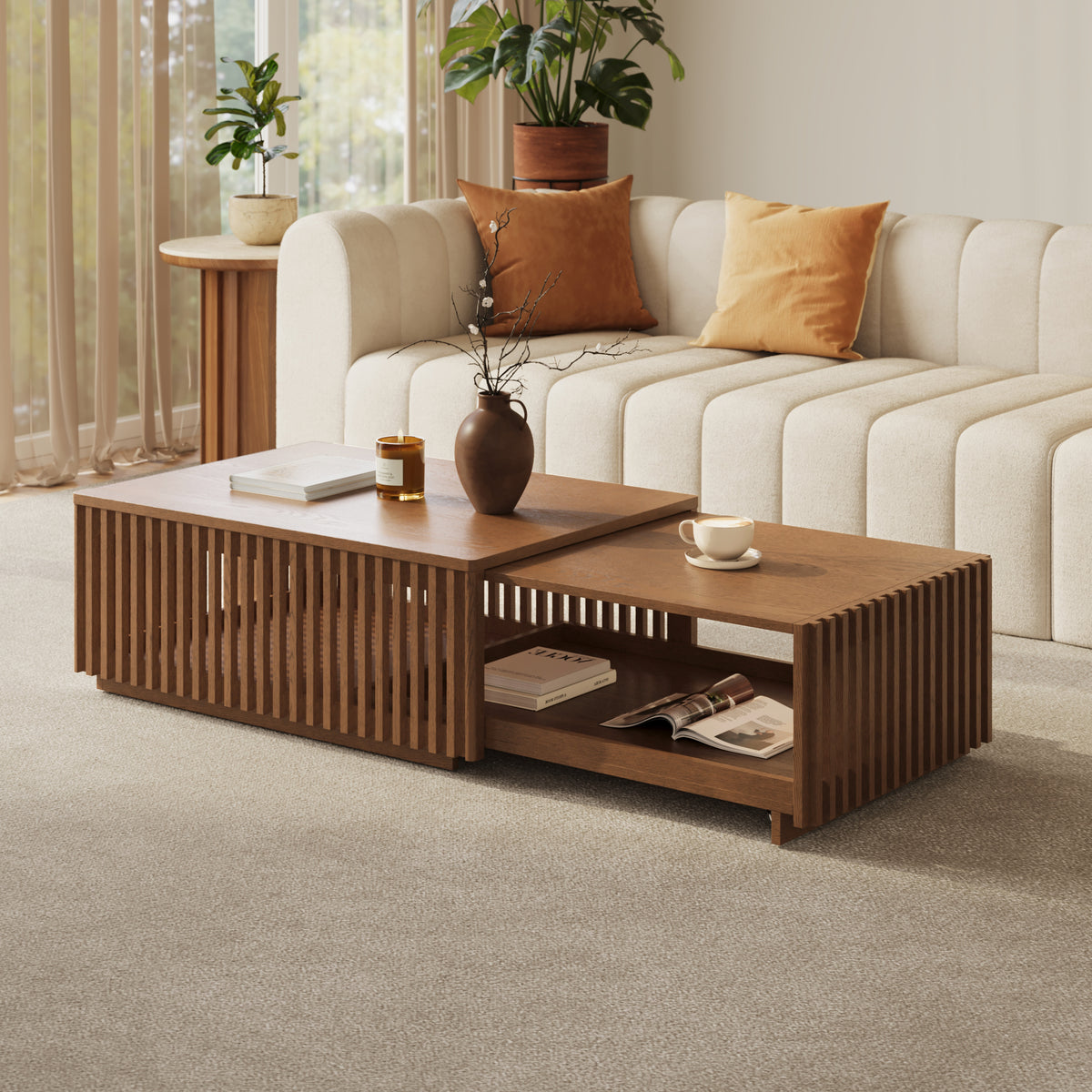 Modern 33"-55" Mid-Century Extendable Walnut Coffee Table with Storage