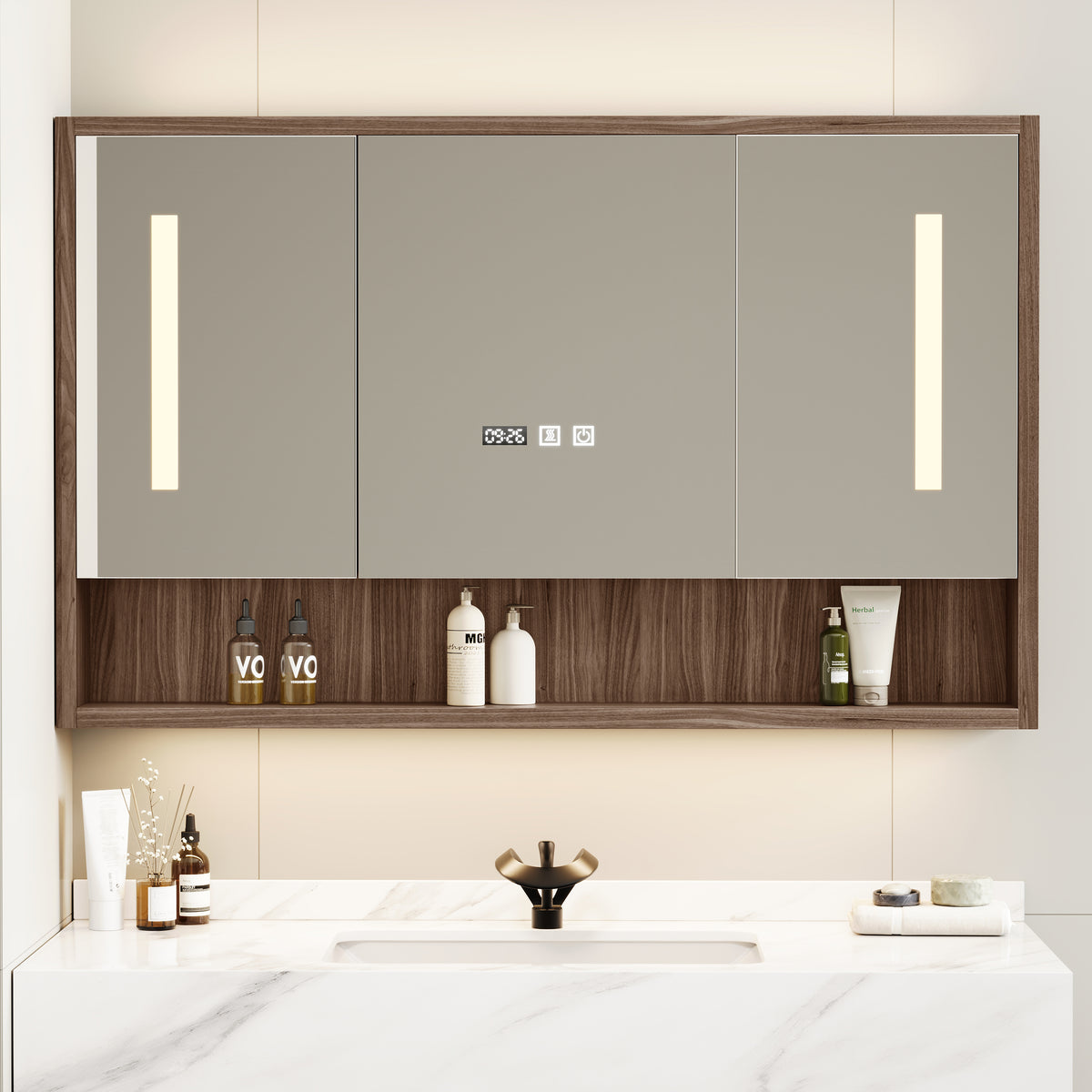 39" Walnut LED Medicine Cabinet with Adjustable Lighting, Demister and Digital Clock