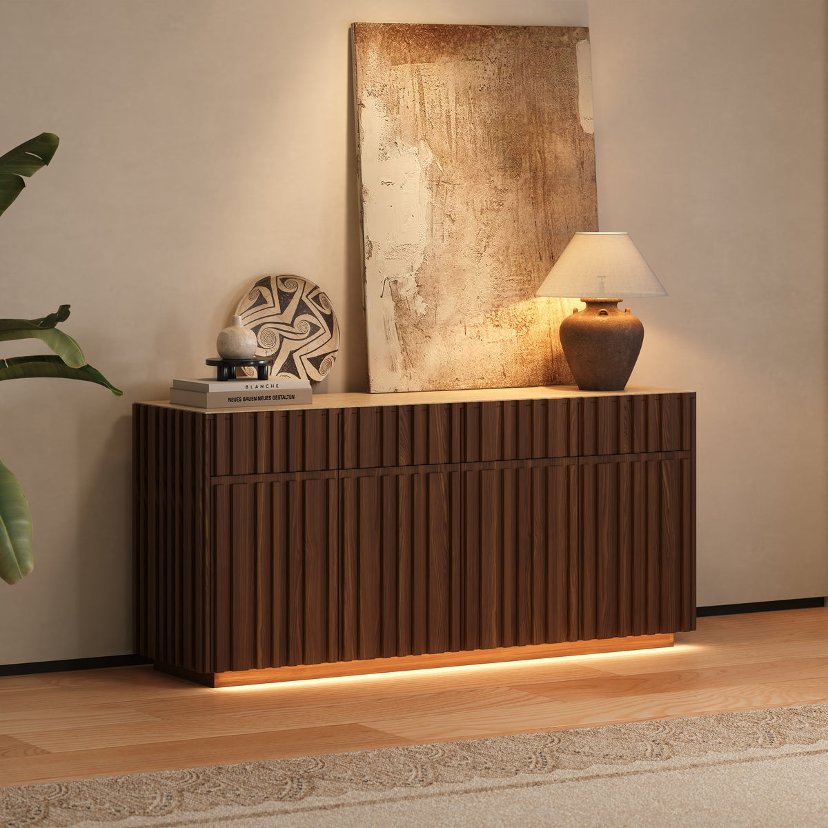 Aura 65" Ash Wood Slatted Walnut TV Stand with Sintered Stone Top