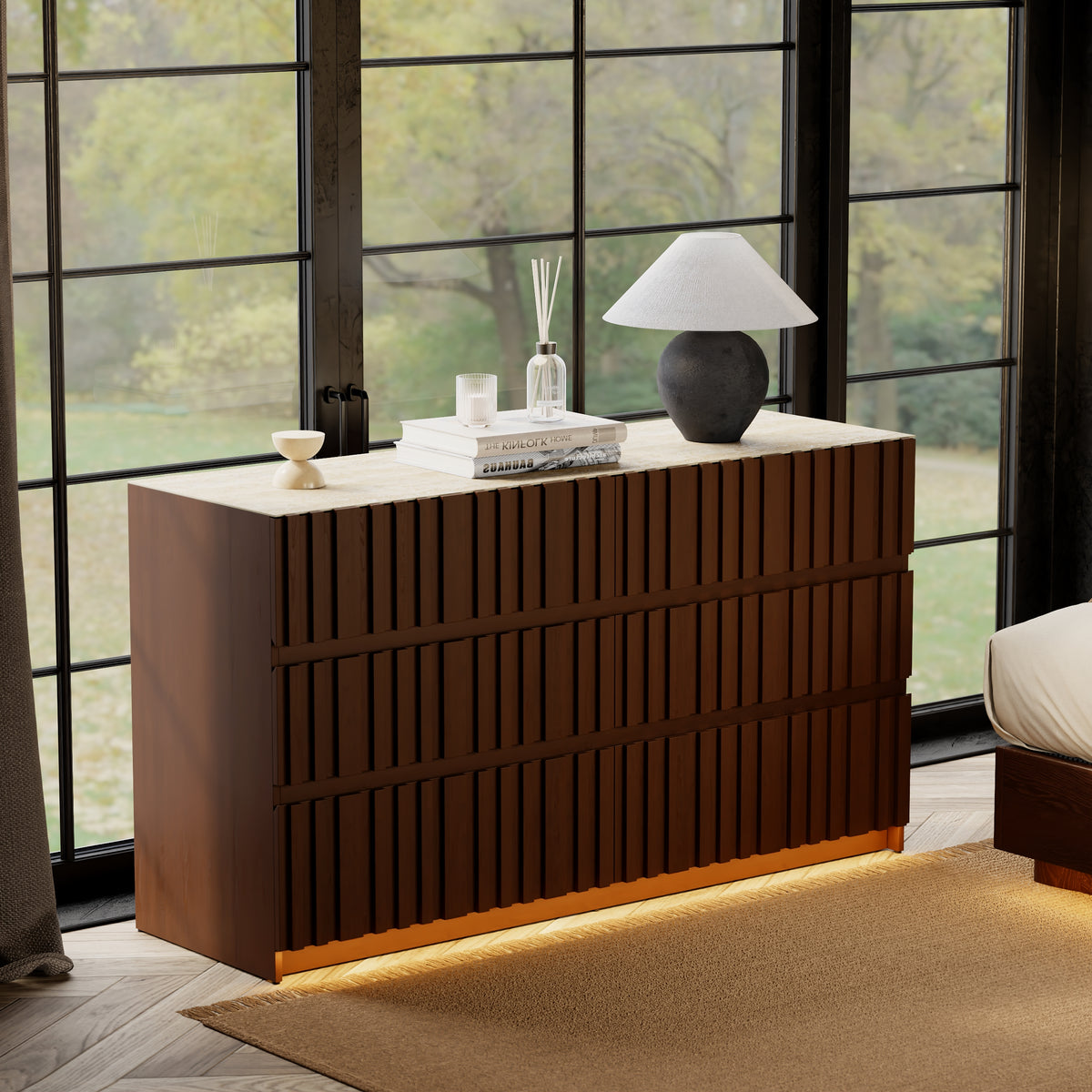 Aura 59" Walnut Sintered Stone 6-Drawer Dresser with Lighting