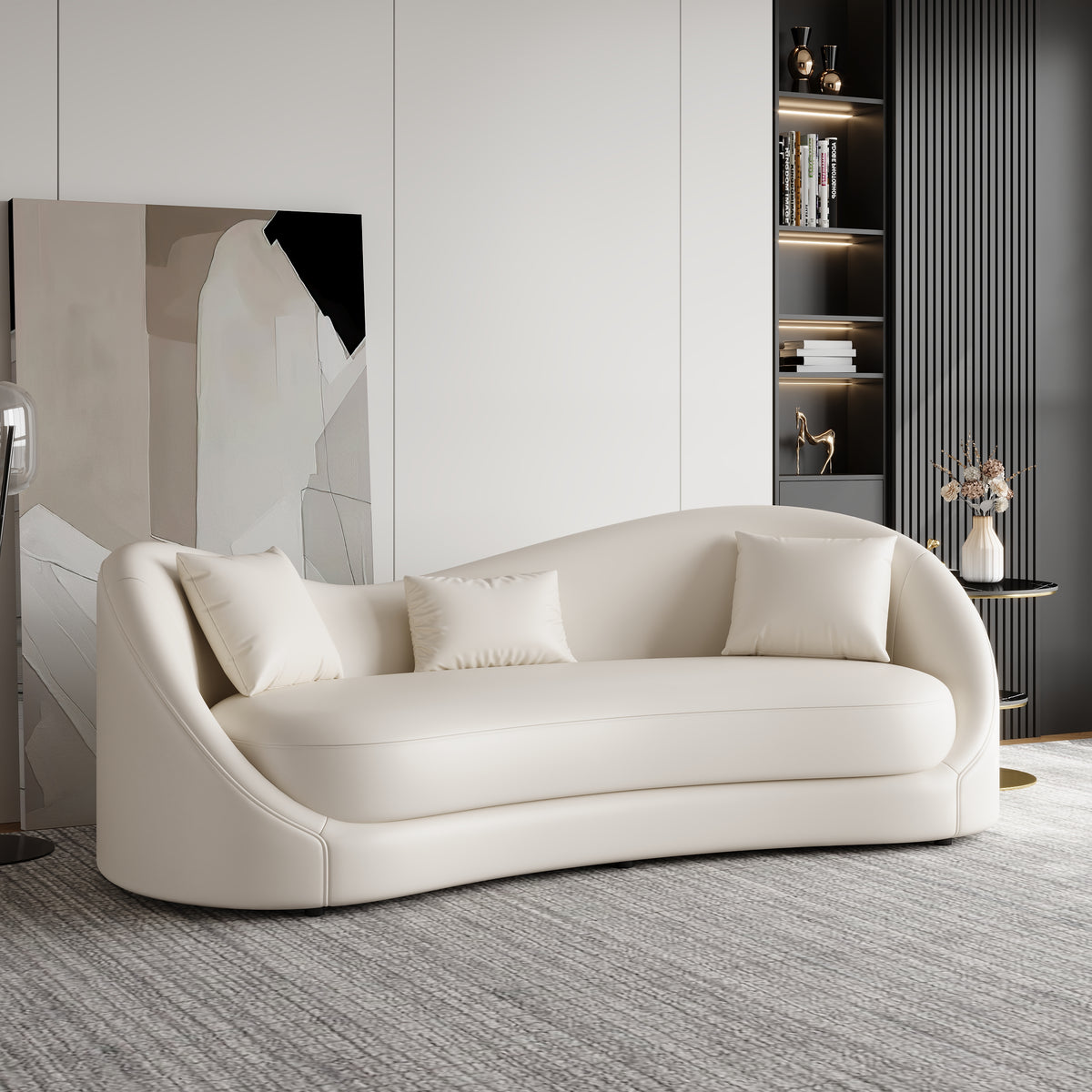 84" Performance Leather Curved Upholstered Sofa with Pillows