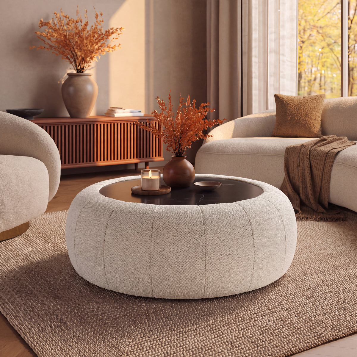Modern 39" Round Performance Chenille Ottoman Coffee Table with Hidden Storage