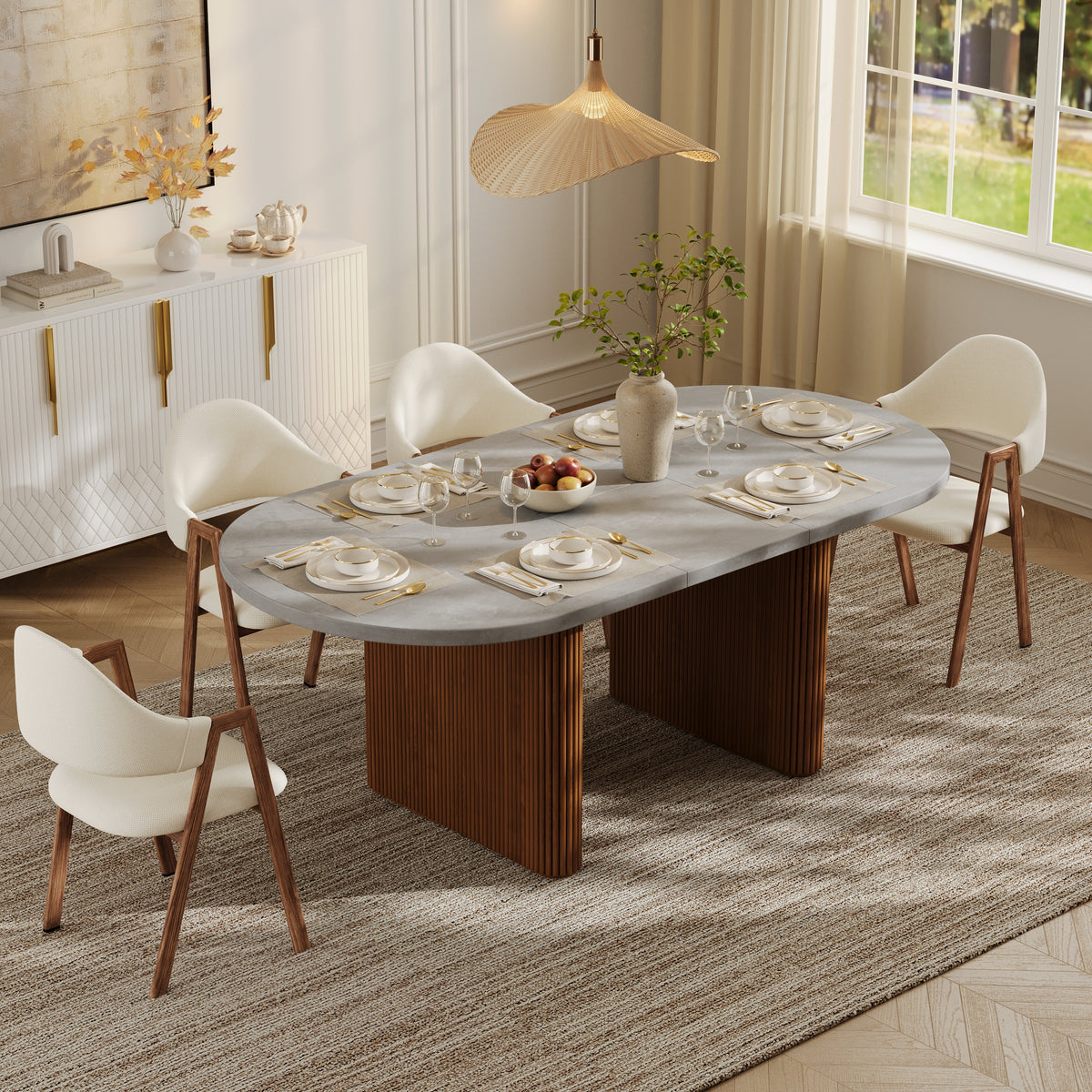 Japandi 63"-79" Oval Extendable Natural Dining Table Butterfly Leaf, Seats 4-6
