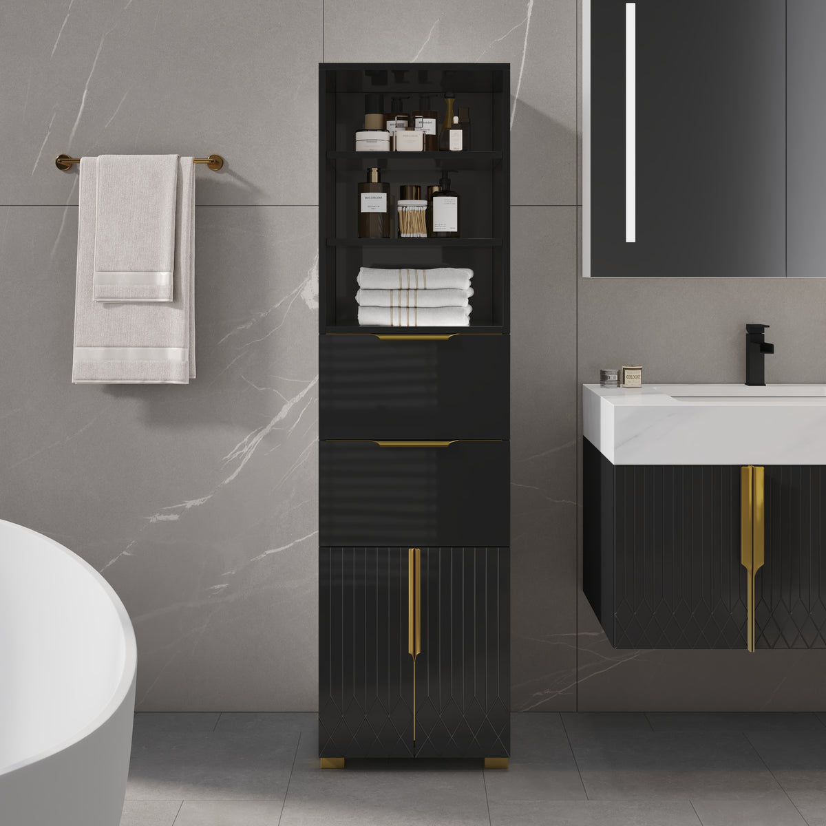 Aro 59" Bathroom Storage Cabinet, Freestanding Liner Tower with Shelves, Drawers & Doors