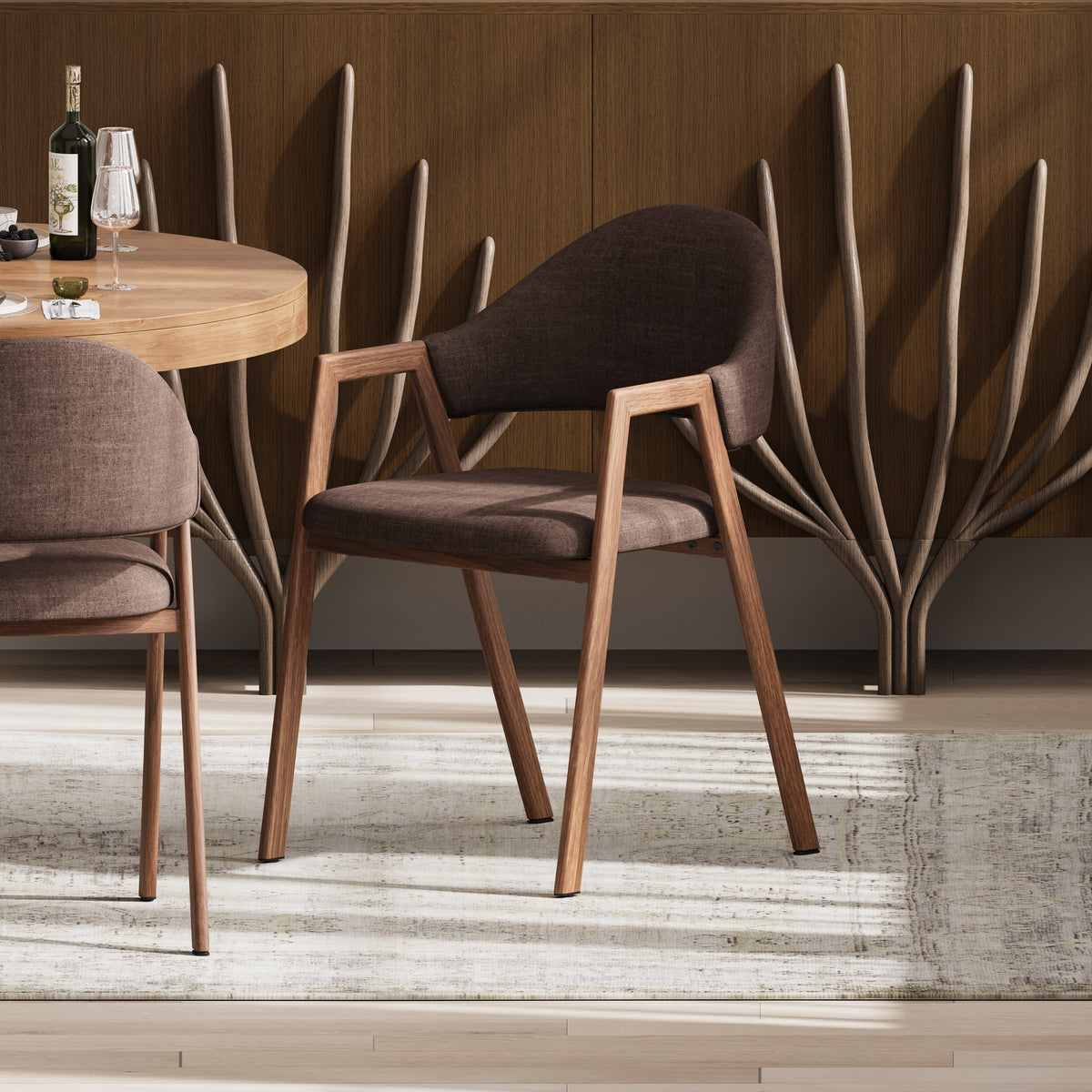 Set of 2 Linen Dining Chair Upholstered Curved Back Modern Brown Dining Room Chairs