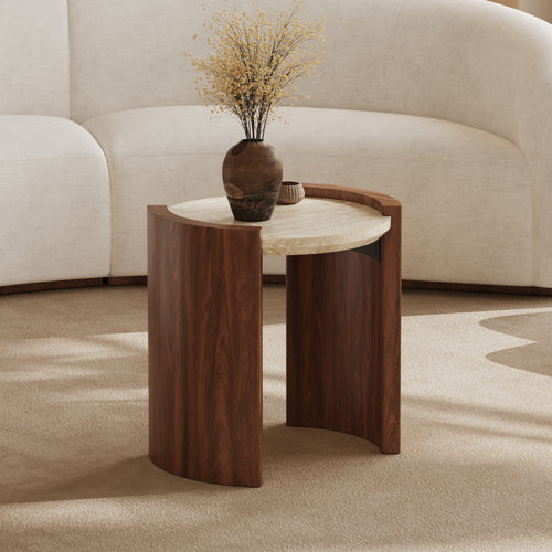 20" Walnut Round Side Table with Travertine Top