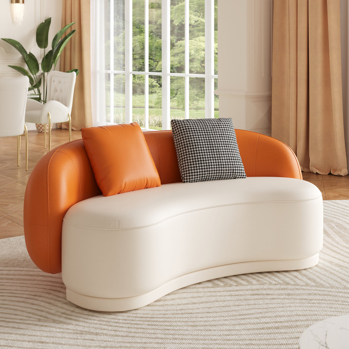 Suncurve 69" Performance Leather Curved Upholstered Sofa with Pillows