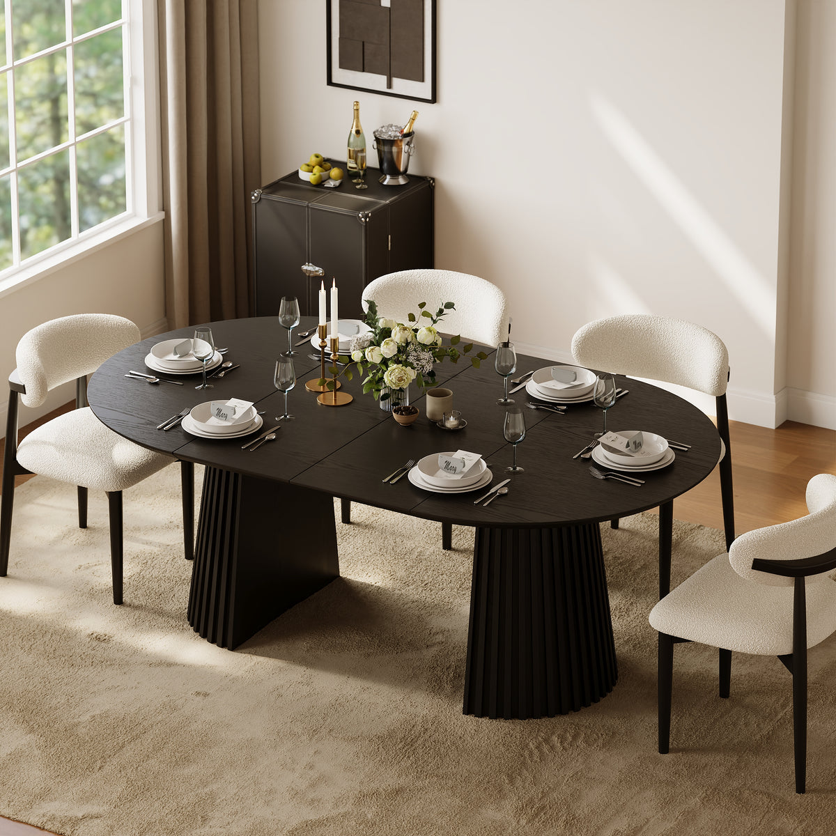 Modern 47"-79" Extendable Round-to-Oval Wood Dining Table with Fluted Base, Seats 4-6