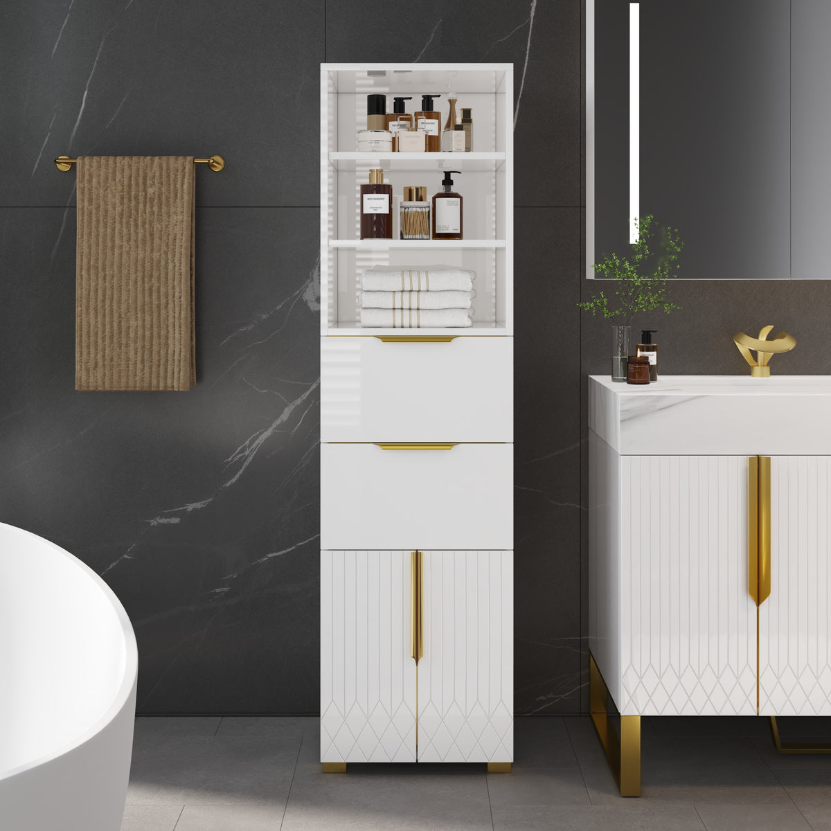 Aro 59" Freestanding Bathroom Storage Cabinet with Shelves, Drawers & Doors