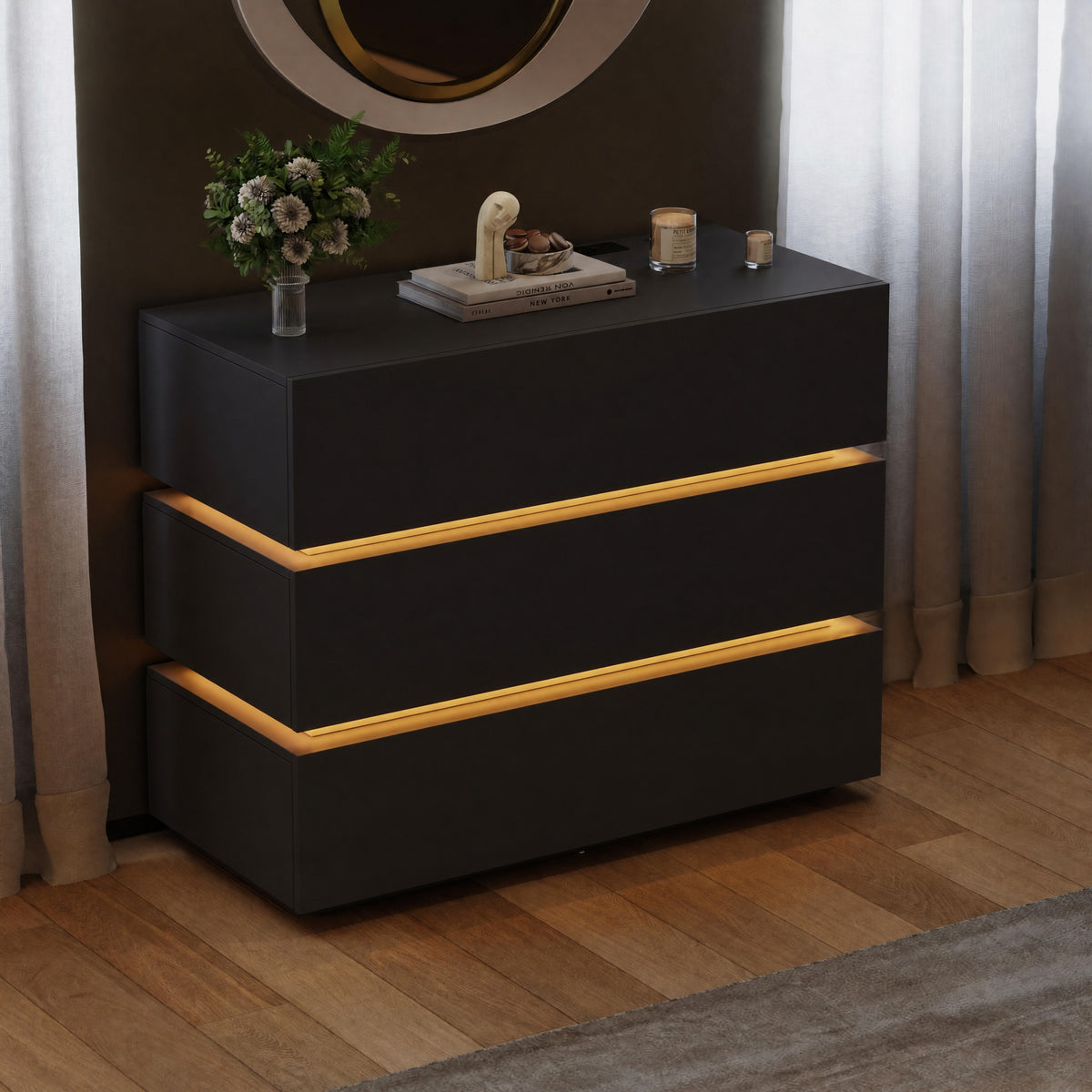 Lumio 39" Black 3-Drawer Dresser with Light and Charging Station