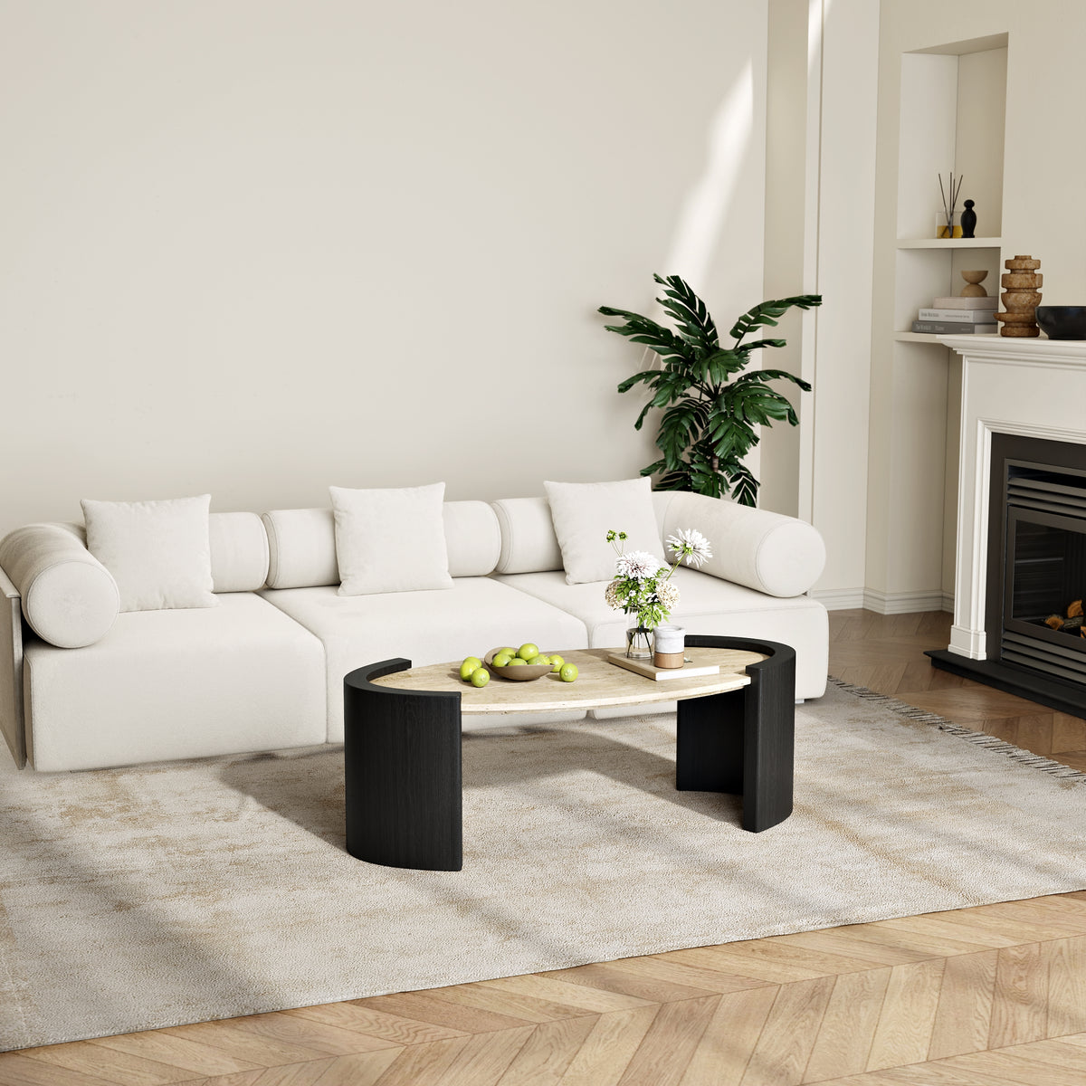 43" Japandi Oval Travertine Stone Top Coffee Table