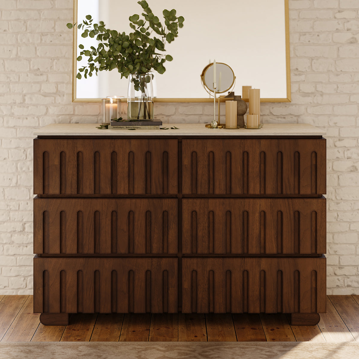 Florva Modern 47” Ash Wood 6 Drawer Dresser with Faux Travertine Sintered Stone Top