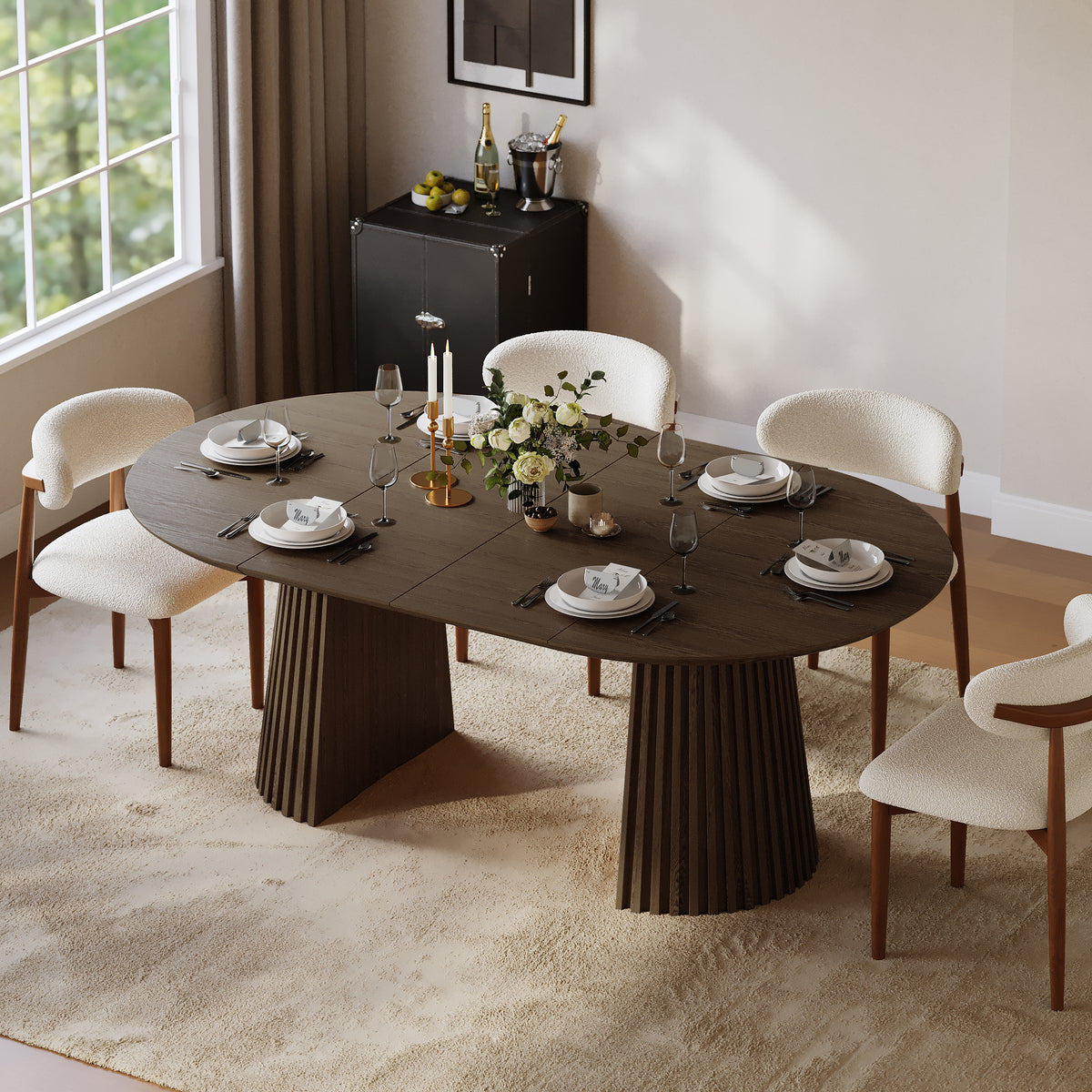 Modern 47"-79" Extendable Smoky Brown Wood Dining Table with Fluted Base, Seats 4-6