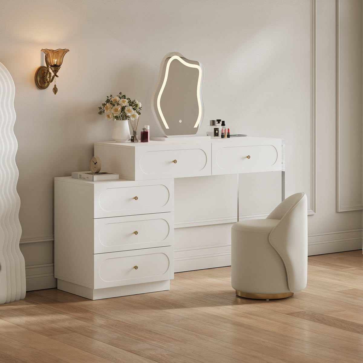 Krila White Makeup Vanity  with LED Mirror & Charging Station (40"–55")