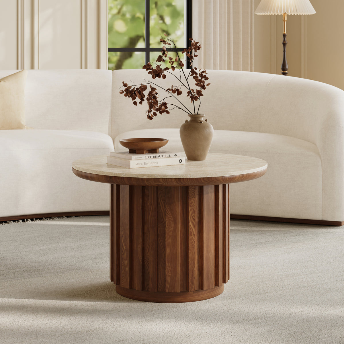 Aura Ash Wood Slatted Round Coffee Table with Sintered Stone Top