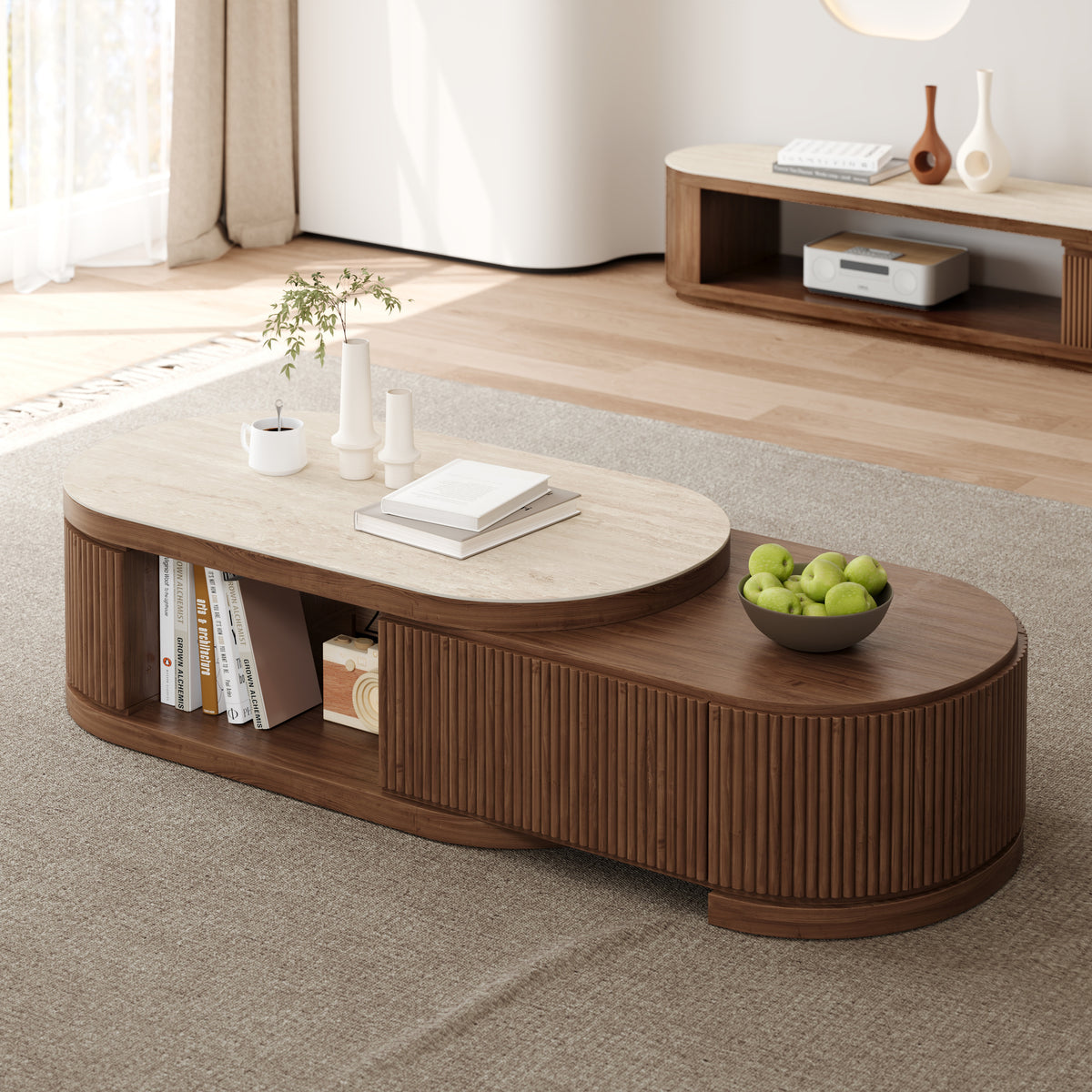 Velar 47"-67" Modern Extendable Fluted Coffee Table with Sintered Stone Top & Storage Drawers