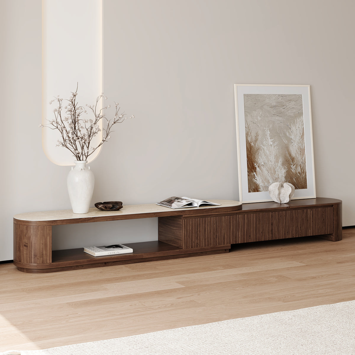 Velar 71"-114" Modern Extendable Fluted Sintered Stone TV Stand with 3 Drawers