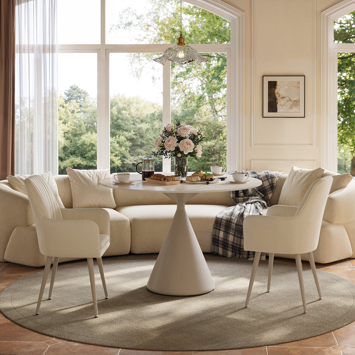 39" Round Matte Travertine Sintered Stone Dining Table with Metal Pedestal Base