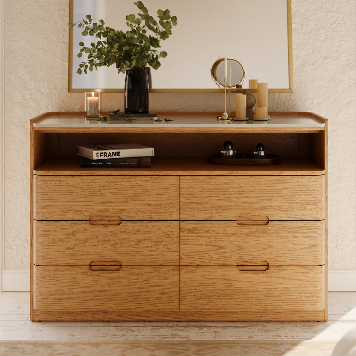 Modern 47” 6 Drawer Dresser with Shelf and Sintered Stone Top