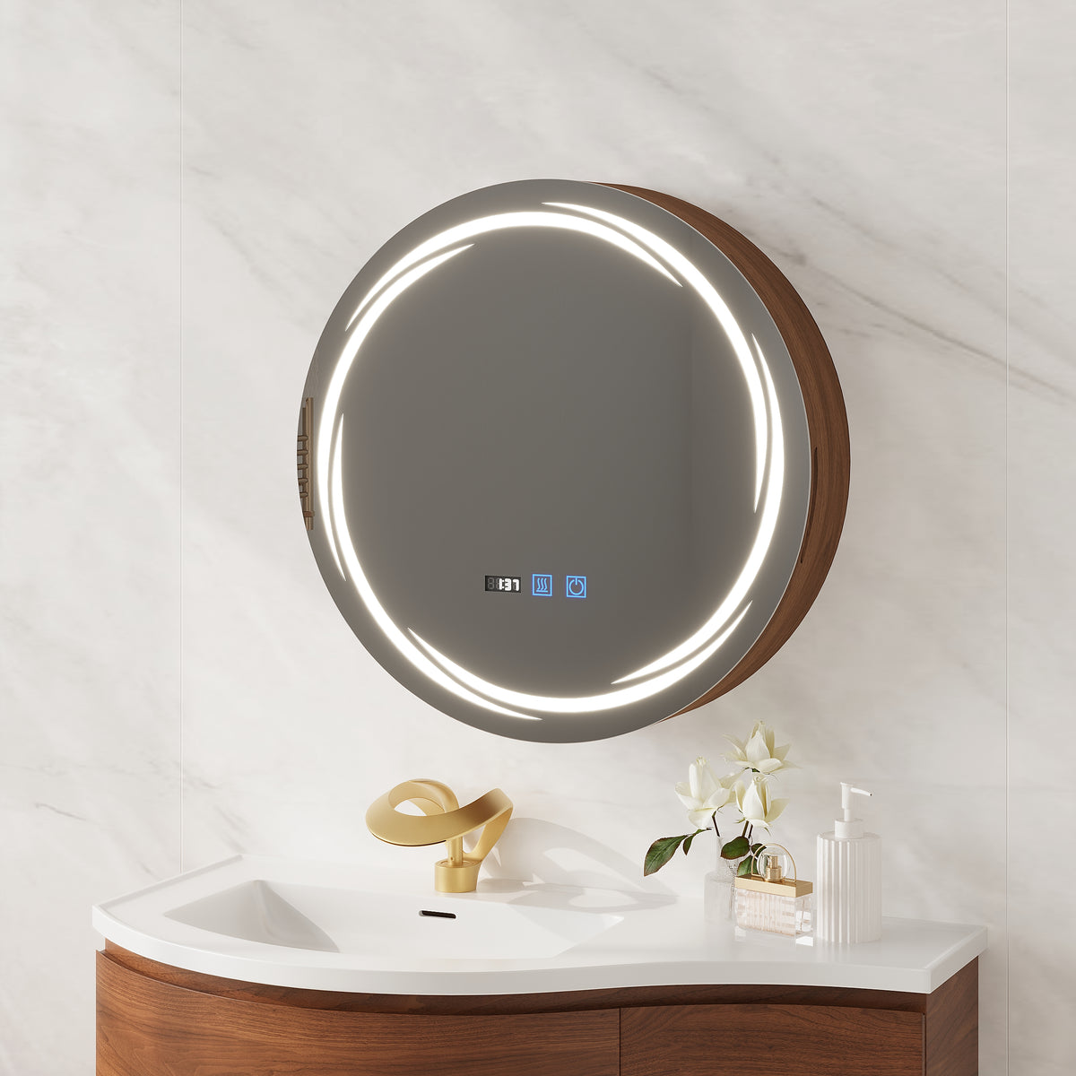 24" Round LED Walnut Medicine Cabinet with Storage, Anti-Fog, Dimmable