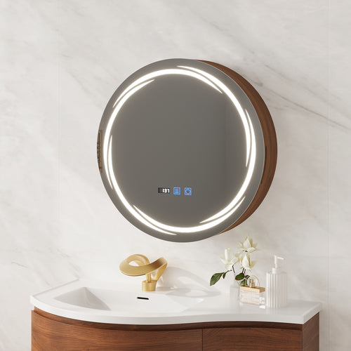 24" Round LED Walnut Medicine Cabinet with Storage, Anti-Fog, Dimmable